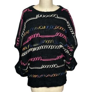 Easel Black Multi Oversized Striped Loose Knit Boxy Boho Sweater Women's M/L